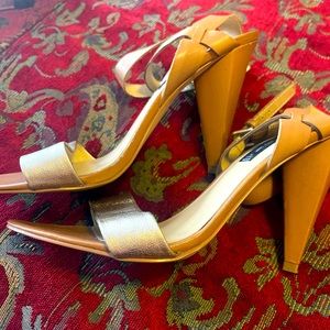 Steven by Steve Madden Gold Foil Ankle Strap High Heel Sandal Sz 9